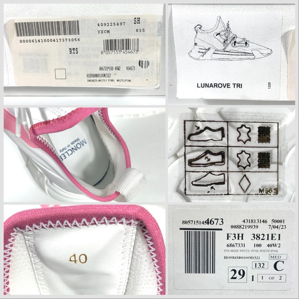 Moncler Lunarove Low Top Sneakers Pull Tab White Pink Size EU 40 US 10 NEW - Picture 16 of 17